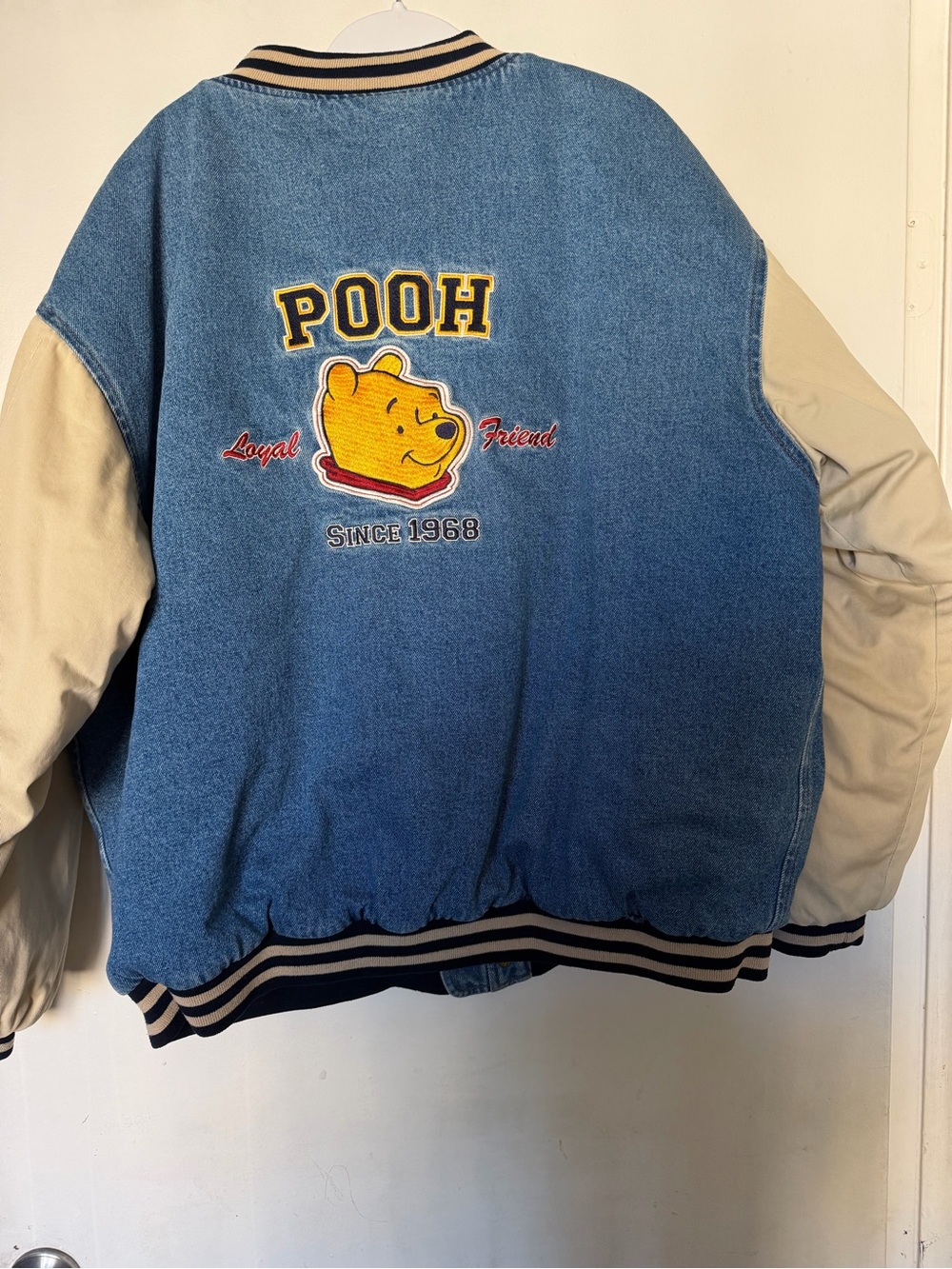 Vintage Disney Store Winnie The Pooh Denim Varsity Bomber Jacket XL
